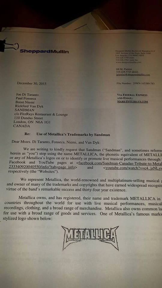 Metallica's Cease And Desist Letter