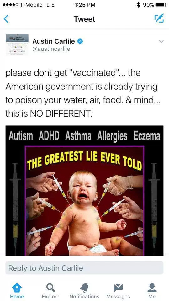 Austin Carlile's Vaccination Tweet