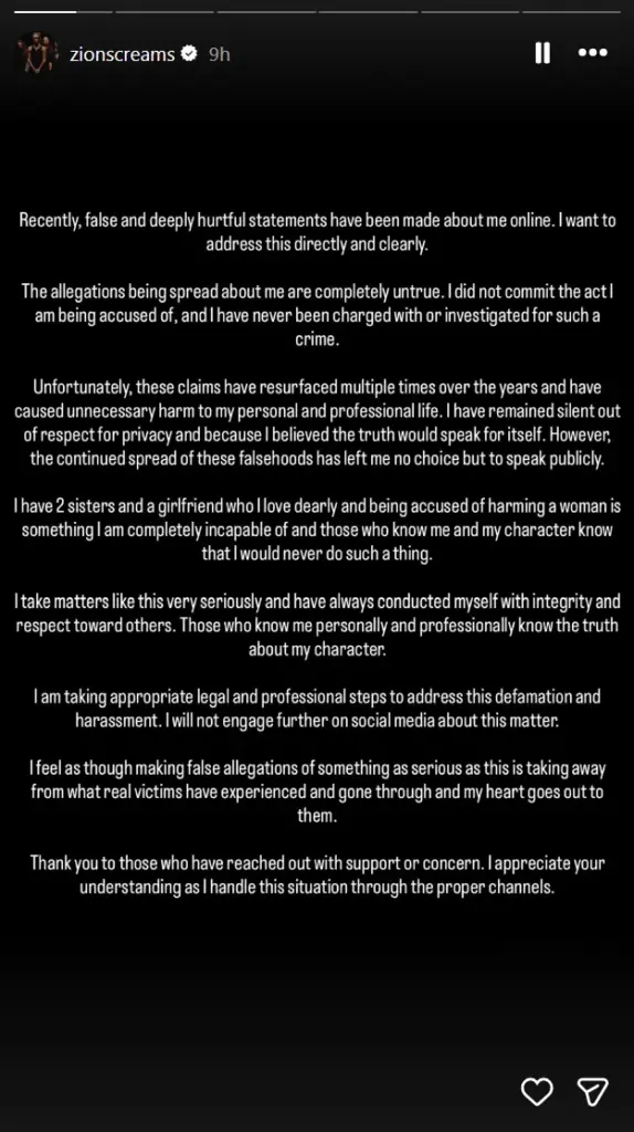 Zion Bittenbender Statement On Allegations